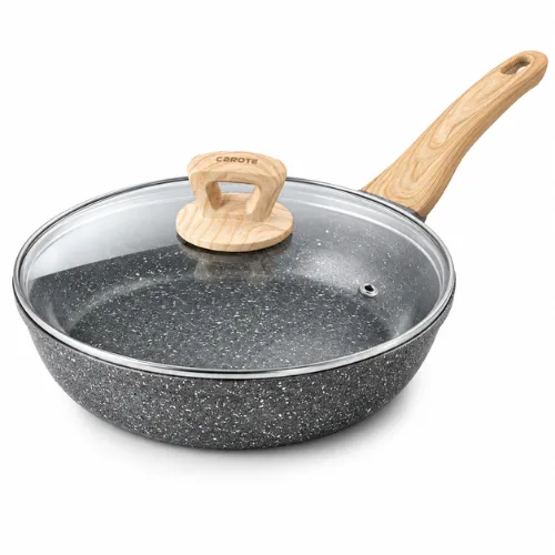 CAROTE Non Stick Frying Pan, 8-Inch Classic Granite Skillet with Glass Lid